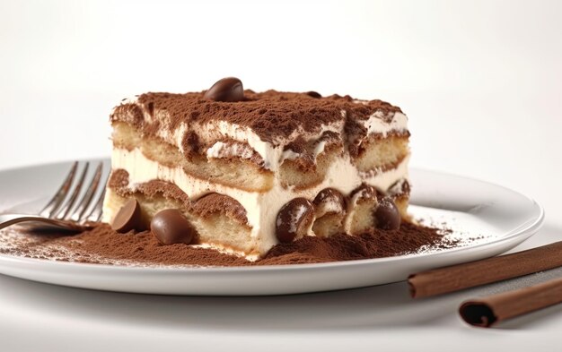 Um prato de saboroso Tiramisu em um fundo branco foto de publicidade profissional de comida ai gerada