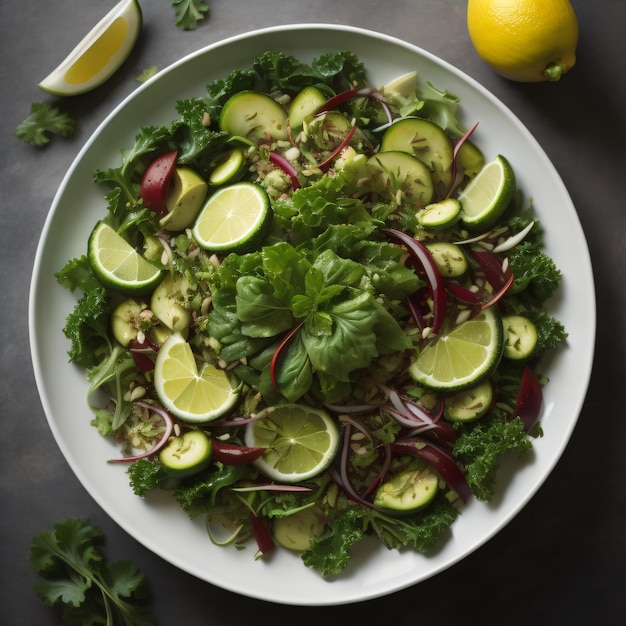 Um prato de salada com limão e abacate.