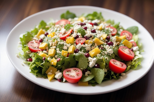 Um prato de salada com queijo feta e abacate