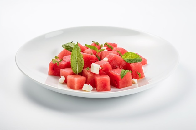 Um prato de salada de melancia com folhas de hortelã em um fundo branco.