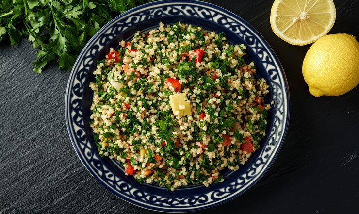 Foto um prato de salada tabbouleh com tomates de salsa e limão