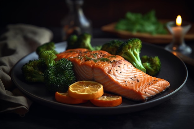 Um prato de salmão com brócolis e brócolis.