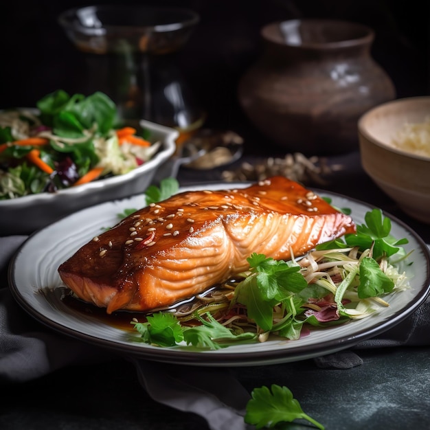 Foto um prato de salmão com sementes de gergelim