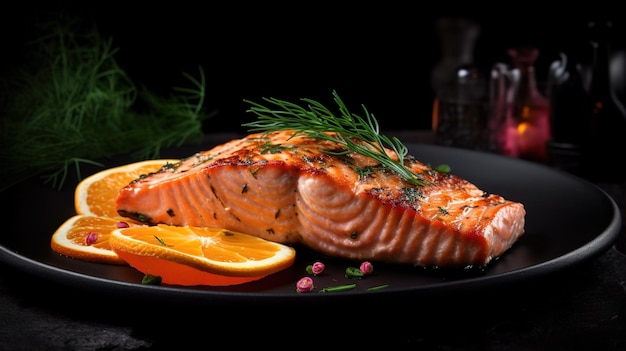 Um prato de salmão com uma fatia de laranja