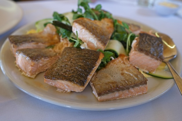 Um prato de salmão com uma salada ao lado