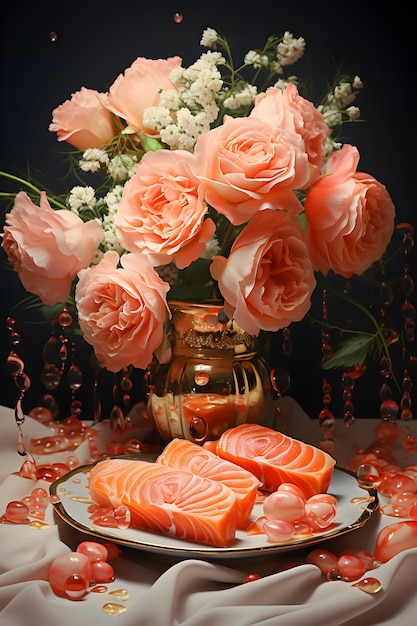 um prato de salmão e rosas sobre uma mesa Pintura de ilustração de uma natureza morta