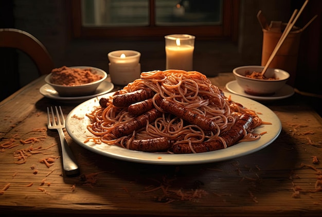 um prato de salsicha em uma mesa de madeira no estilo de foto tirada com provia