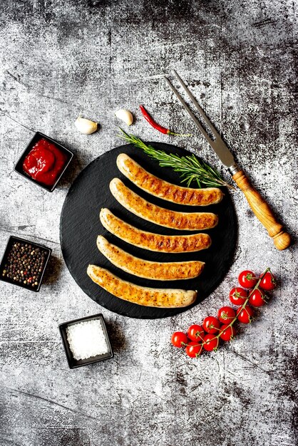 Foto um prato de salsichas com tomate e alho em um fundo cinza.