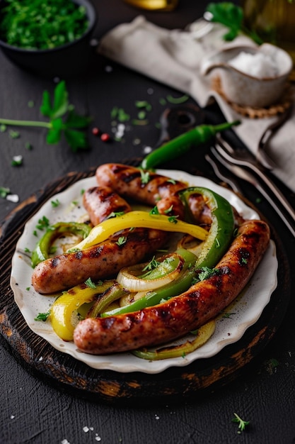 Foto um prato de salsichas e pimentas com uma faca e um garfo