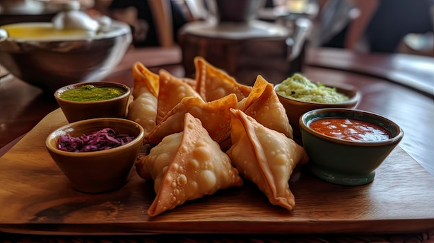 Um prato de samosas com diferentes molhos