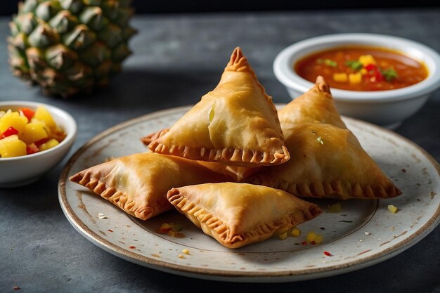 Um prato de samosas com um lado de ananás picante reli