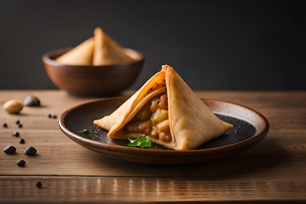 Um prato de samosas com uma tigela de chá ao lado