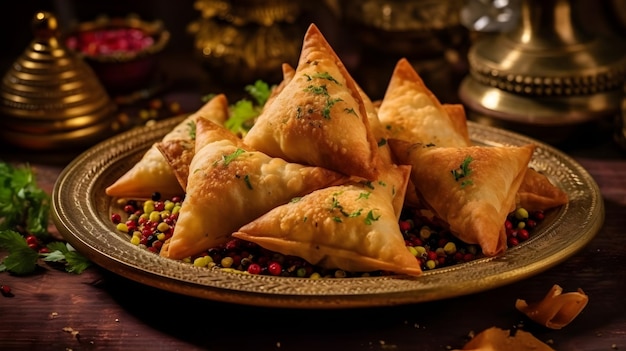 Um prato de samosas com uma variedade de vegetais