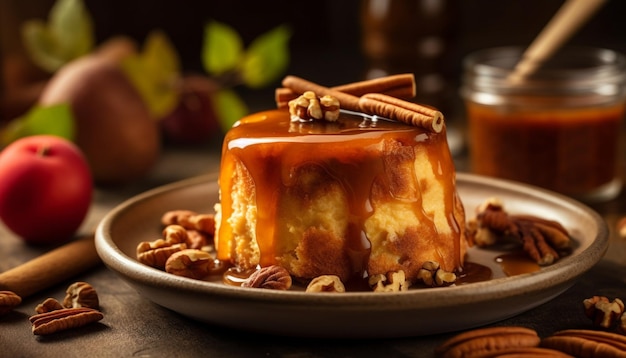 Foto um prato de sobremesa caseiro com frutas de chocolate e doces gerados por inteligência artificial