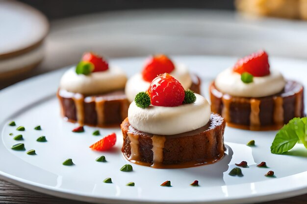 Um prato de sobremesas com um bolo de queijo de morango e creme.