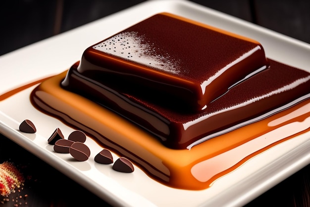 Um prato de sobremesas de chocolate com calda de chocolate por cima.