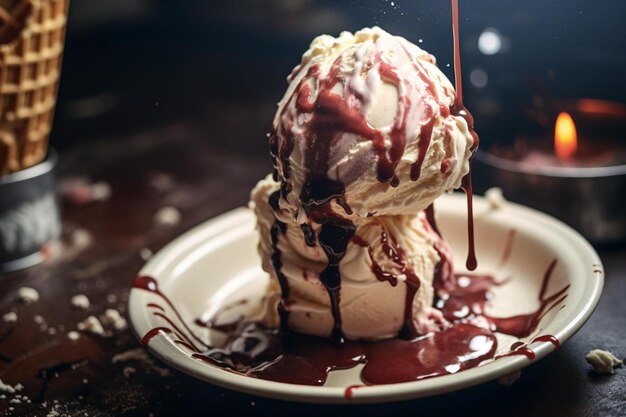 Foto um prato de sorvete com calda de chocolate