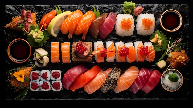 Um prato de sushi artisticamente arranjado