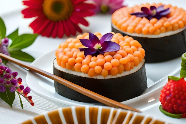 Um prato de sushi com bolinhas de peixe laranja por cima.
