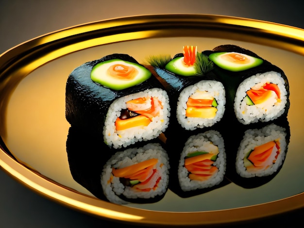 Um prato de sushi com borda dourada e um prato de sushi.
