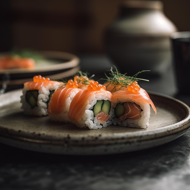 Um prato de sushi com salmão