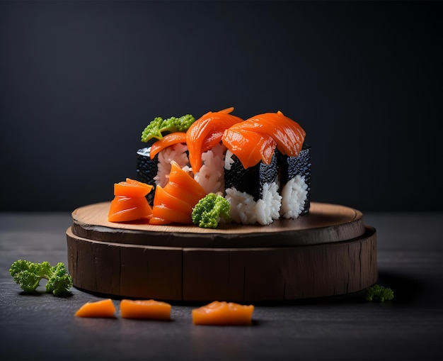 Um prato de sushi com salmão