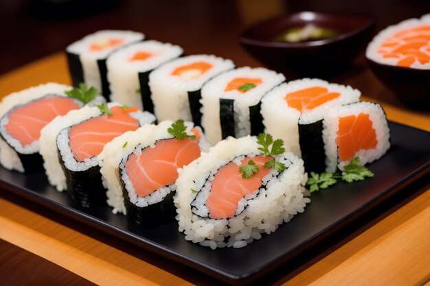 Um prato de sushi com salmão