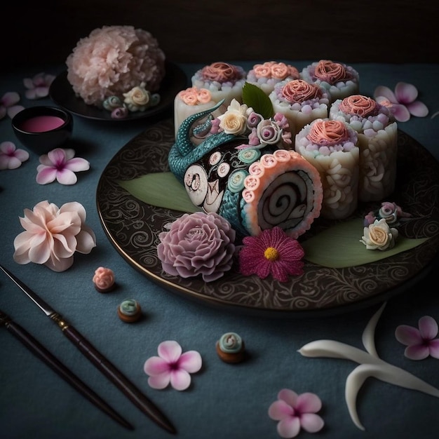 Um prato de sushi com um bolo feito pelo artista.