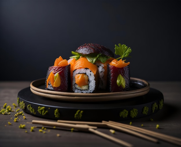 Um prato de sushi com um pedaço de carne