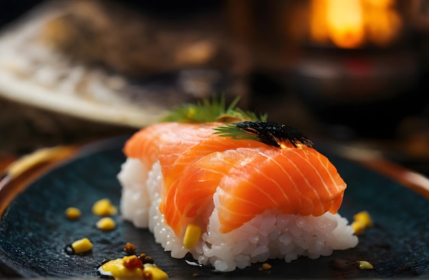 um prato de sushi com um pedaço de sushi nele