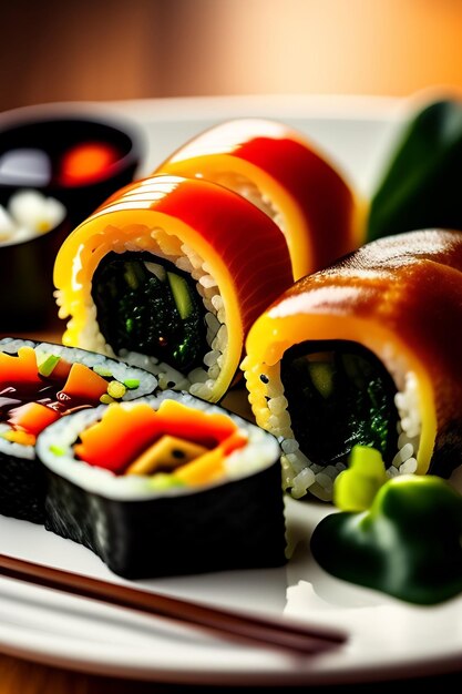 Um prato de sushi com um prato de comida