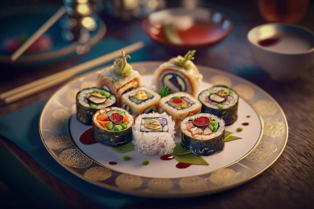 Um prato de sushi com um prato de sushi sobre ele