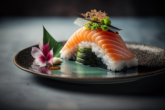 Um prato de sushi com uma flor ao lado