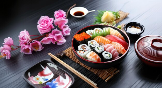 um prato de sushi com uma flor rosa no meio