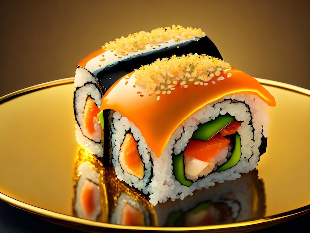 Um prato de sushi com uma placa dourada que diz 'sushi'on