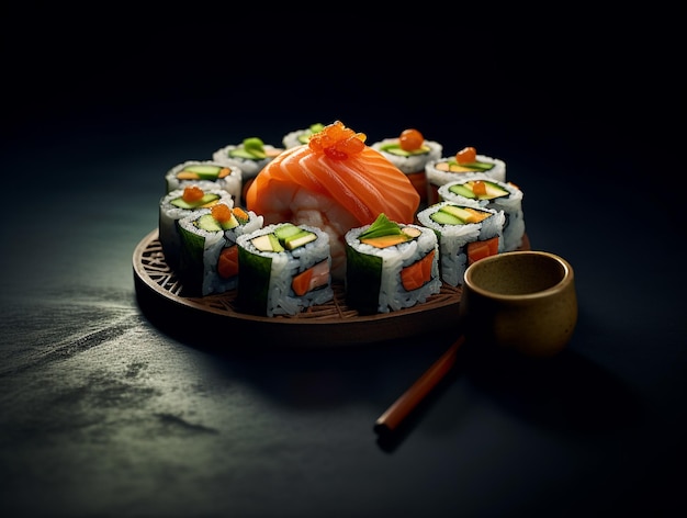 Um prato de sushi com uma tigela de salmão