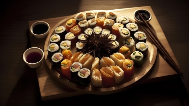 Um prato de sushi com uma variedade de ingredientes