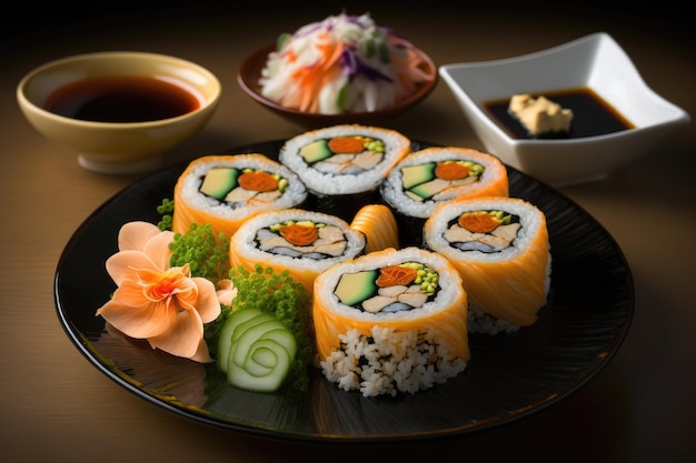 Um prato de sushi com uma variedade de molhos.