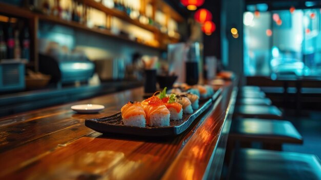 Um prato de sushi contra um ambiente moderno de bar de sushi