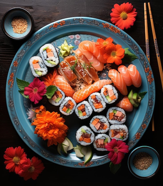 Um prato de sushi e algumas coberturas