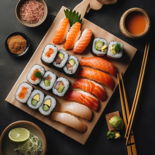 Um prato de sushi e outros alimentos, incluindo salmão, abacate e pepino.