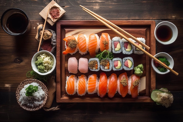 Um prato de sushi e outros alimentos, incluindo sushi e outros alimentos.