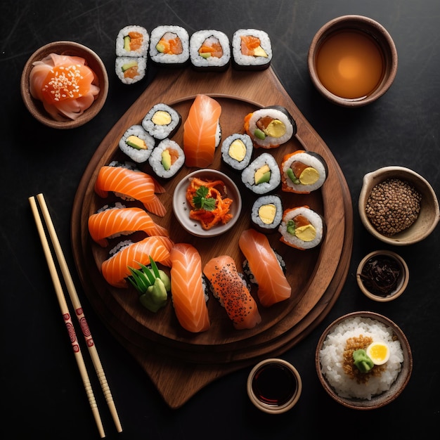 Um prato de sushi e outros alimentos, incluindo uma variedade de sushi.