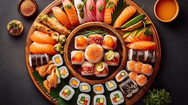 Um prato de sushi e pãezinhos com uma variedade de ingredientes