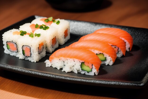 Um prato de sushi e um rolo com salmão