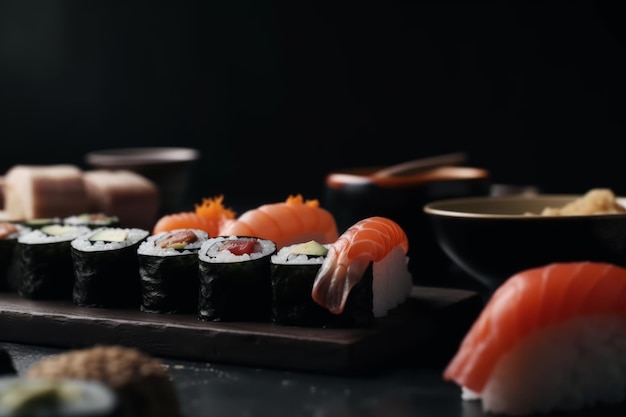 Um prato de sushi e uma tigela de salmão