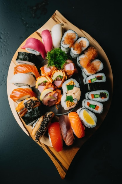 Um prato de sushi em uma placa de madeira imagem generativa de IA