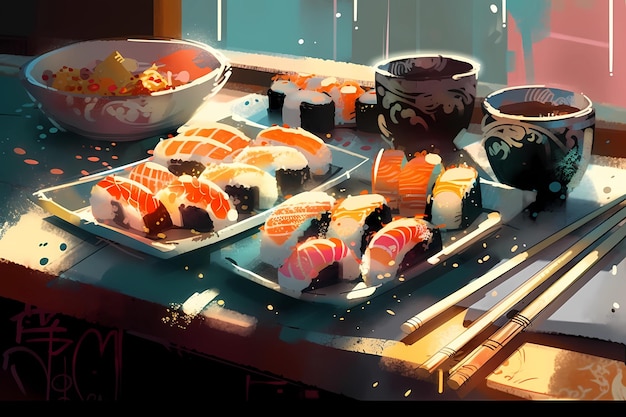 Um prato de sushi fresco, seus rolos coloridos, ilustração de arte digital, IA generativa