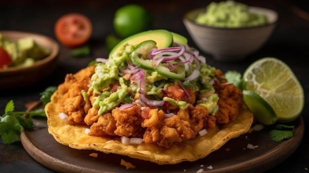 Um prato de taco de frango com guacamole por cima