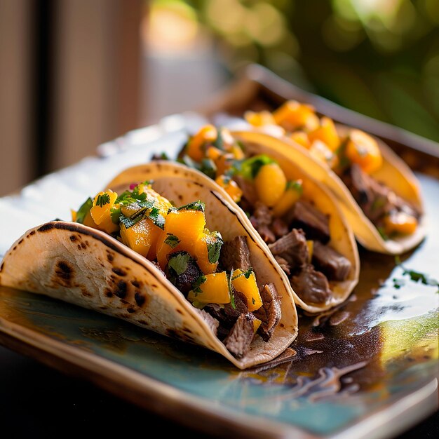 um prato de tacos com uma folha verde na parte superior